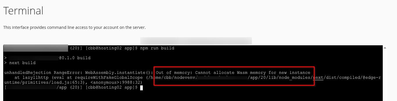 Out of memory error with Node.js and cPanel Terminal | cloudabove