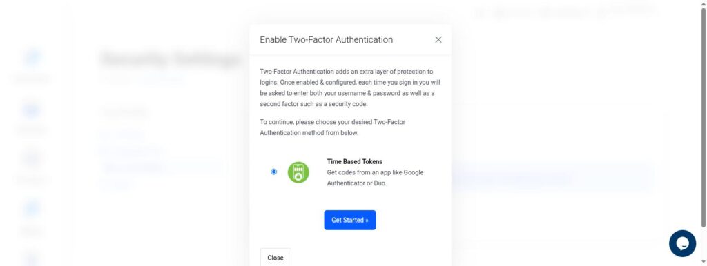 Enable Two-Factor Authentication dialog showing the Time Based Tokens method option and a Get Started button